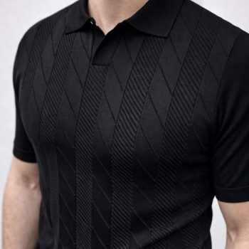 Erkek Yazlık Triko Dokuma Tişört Kısa Kol Polo Yaka T-Shirt - Siyah