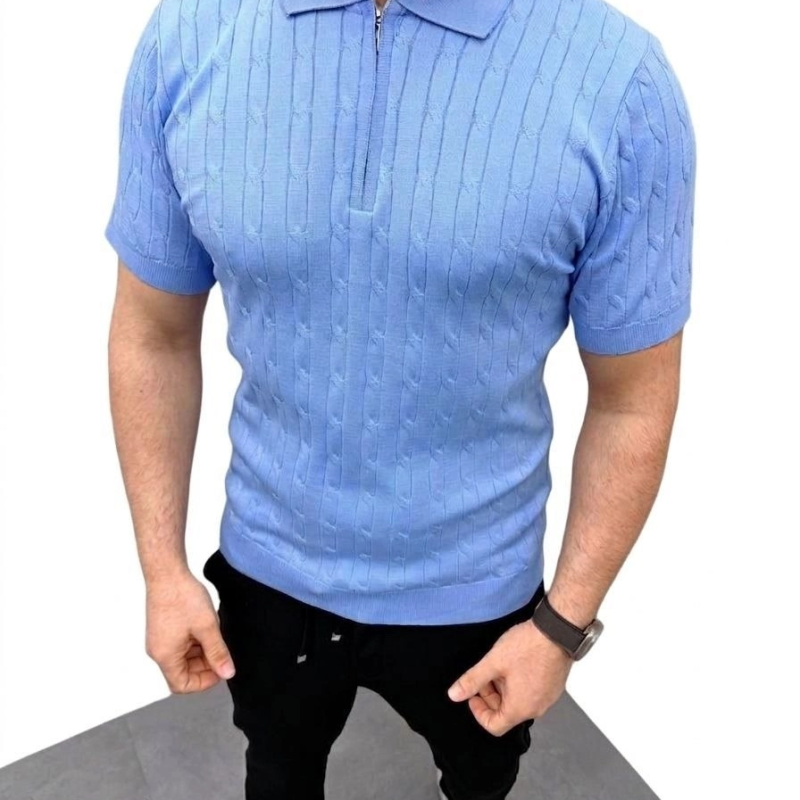Erkek Yazlık Triko Saç Örgü Tişört Kısa Kol Polo Yaka Fermuarlı T-Shirt - Bebe Mavisi