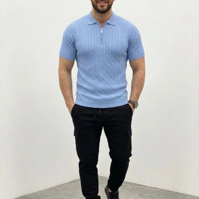 Erkek Yazlık Triko Saç Örgü Tişört Kısa Kol Polo Yaka Fermuarlı T-Shirt - Bebe Mavisi