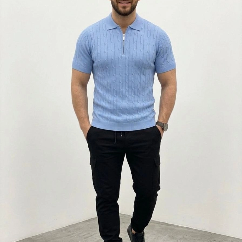 Erkek Yazlık Triko Saç Örgü Tişört Kısa Kol Polo Yaka Fermuarlı T-Shirt - Bebe Mavisi