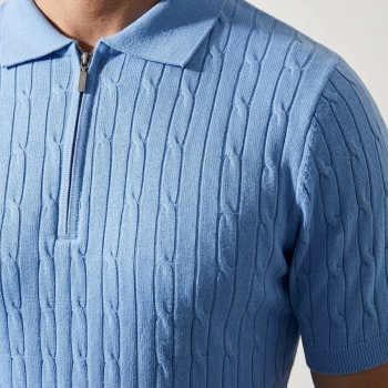 Erkek Yazlık Triko Saç Örgü Tişört Kısa Kol Polo Yaka Fermuarlı T-Shirt - Bebe Mavisi