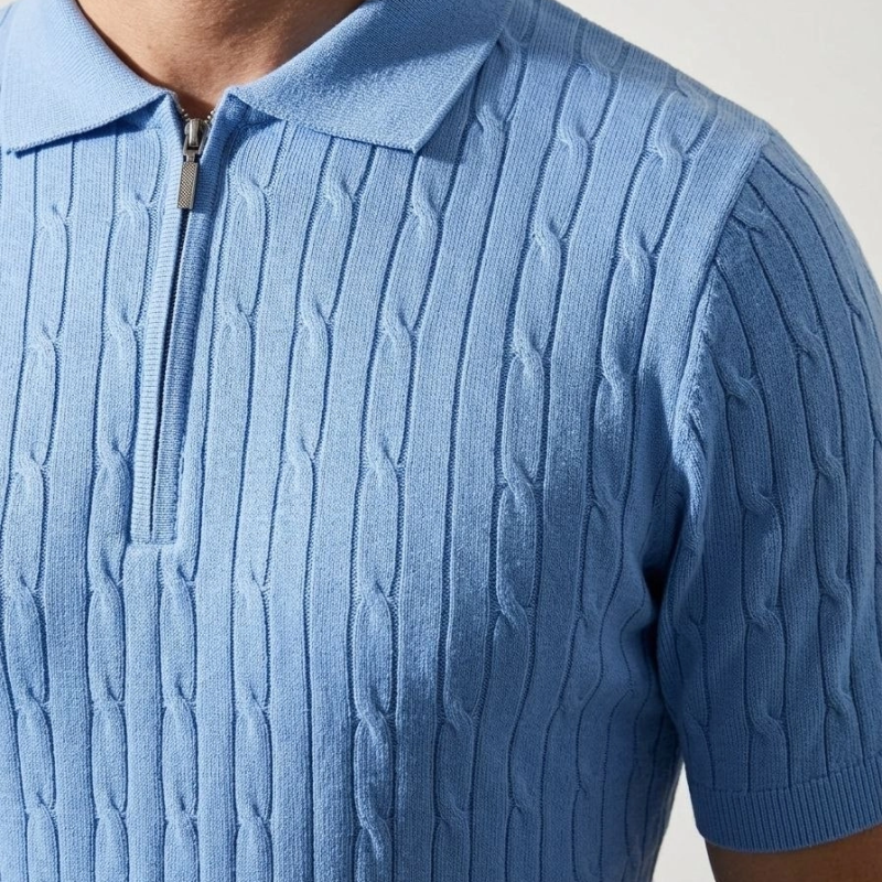 Erkek Yazlık Triko Saç Örgü Tişört Kısa Kol Polo Yaka Fermuarlı T-Shirt - Bebe Mavisi