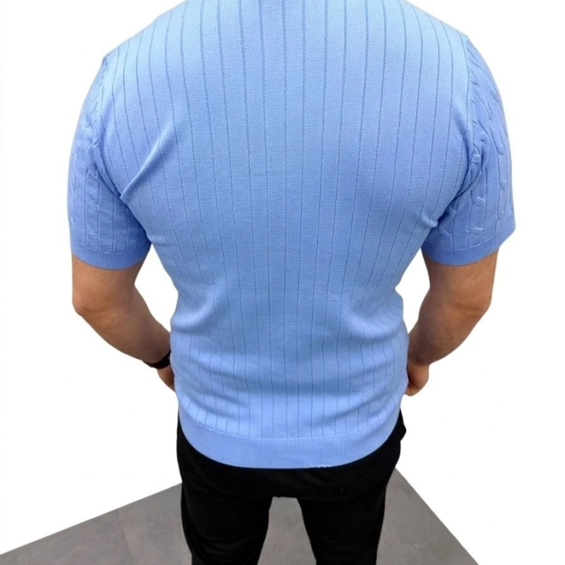 Erkek Yazlık Triko Saç Örgü Tişört Kısa Kol Polo Yaka Fermuarlı T-Shirt - Bebe Mavisi