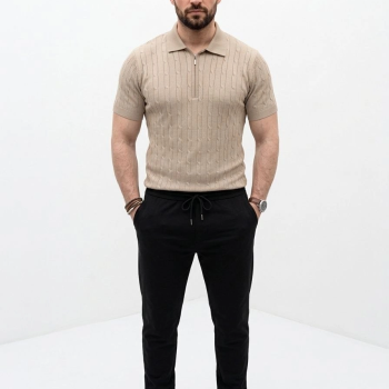 Erkek Yazlık Triko Saç Örgü Tişört Kısa Kol Polo Yaka Fermuarlı T-Shirt - Bej