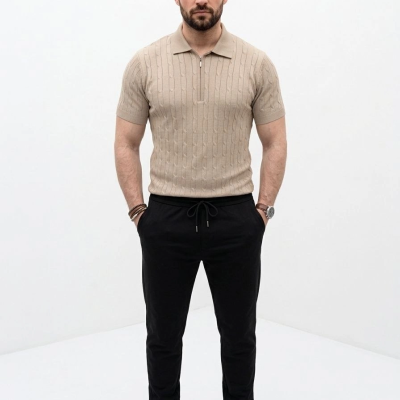 Erkek Yazlık Triko Saç Örgü Tişört Kısa Kol Polo Yaka Fermuarlı T-Shirt - Bej