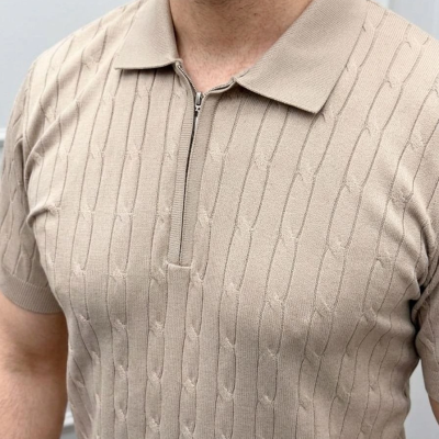 Erkek Yazlık Triko Saç Örgü Tişört Kısa Kol Polo Yaka Fermuarlı T-Shirt - Bej
