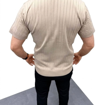 Erkek Yazlık Triko Saç Örgü Tişört Kısa Kol Polo Yaka Fermuarlı T-Shirt - Bej