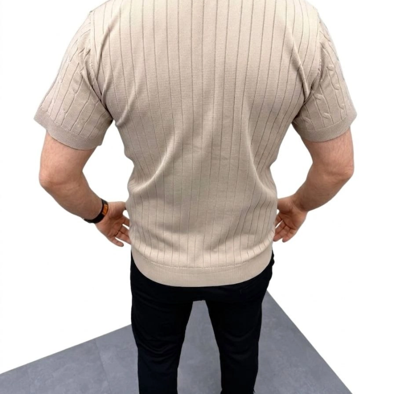 Erkek Yazlık Triko Saç Örgü Tişört Kısa Kol Polo Yaka Fermuarlı T-Shirt - Bej