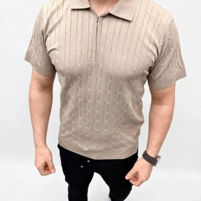 Erkek Yazlık Triko Saç Örgü Tişört Kısa Kol Polo Yaka Fermuarlı T-Shirt - Bej