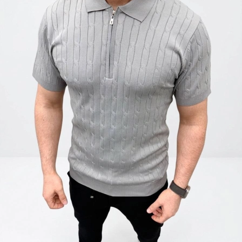 Erkek Yazlık Triko Saç Örgü Tişört Kısa Kol Polo Yaka Fermuarlı T-Shirt - Gri