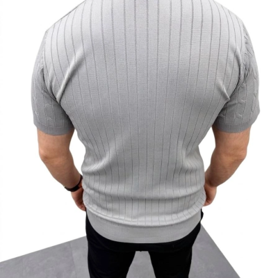Erkek Yazlık Triko Saç Örgü Tişört Kısa Kol Polo Yaka Fermuarlı T-Shirt - Gri