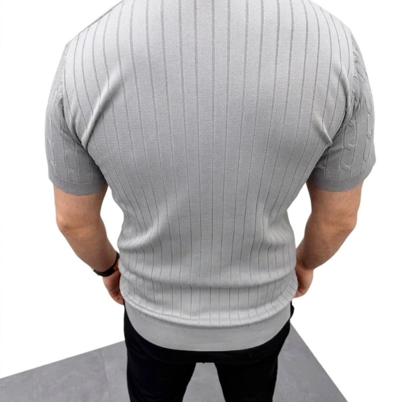 Erkek Yazlık Triko Saç Örgü Tişört Kısa Kol Polo Yaka Fermuarlı T-Shirt - Gri