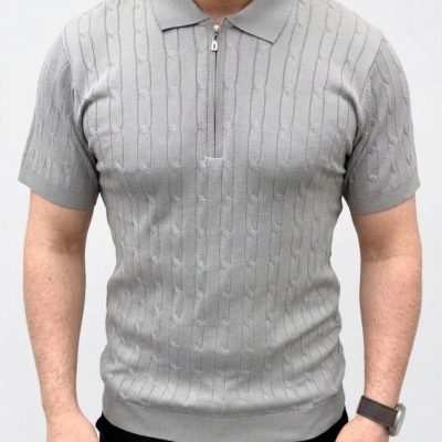 Erkek Yazlık Triko Saç Örgü Tişört Kısa Kol Polo Yaka Fermuarlı T-Shirt - Gri