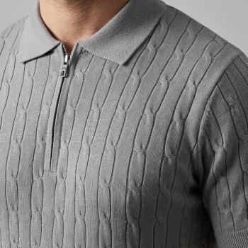 Erkek Yazlık Triko Saç Örgü Tişört Kısa Kol Polo Yaka Fermuarlı T-Shirt - Gri