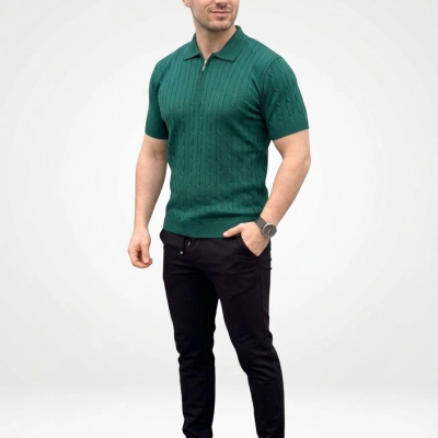 Erkek Yazlık Triko Saç Örgü Tişört Kısa Kol Polo Yaka Fermuarlı T-Shirt - Haki