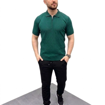 Erkek Yazlık Triko Saç Örgü Tişört Kısa Kol Polo Yaka Fermuarlı T-Shirt - Haki