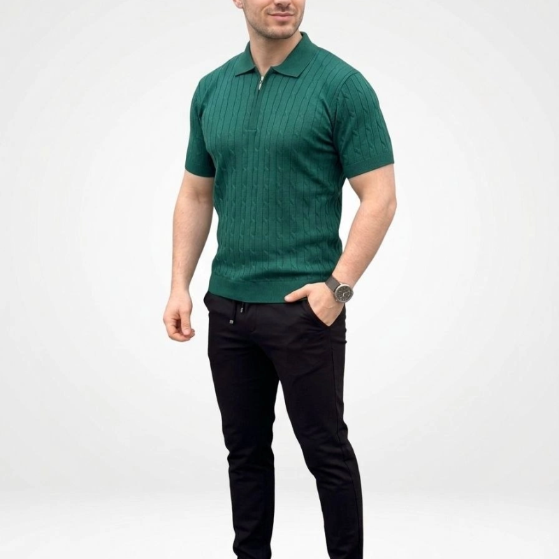 Erkek Yazlık Triko Saç Örgü Tişört Kısa Kol Polo Yaka Fermuarlı T-Shirt - Haki