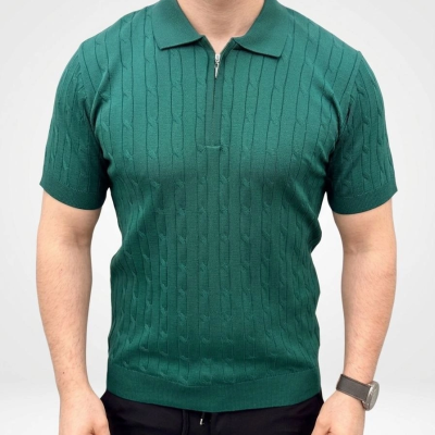 Erkek Yazlık Triko Saç Örgü Tişört Kısa Kol Polo Yaka Fermuarlı T-Shirt - Haki
