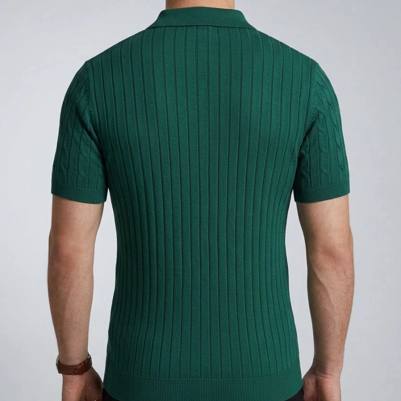 Erkek Yazlık Triko Saç Örgü Tişört Kısa Kol Polo Yaka Fermuarlı T-Shirt - Haki