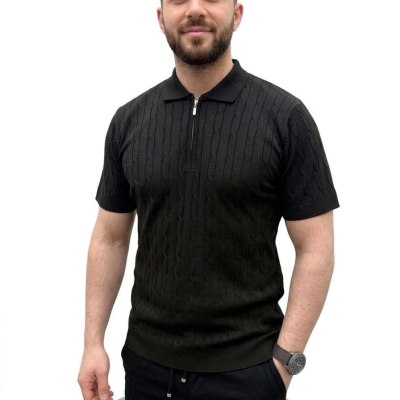 Erkek Yazlık Triko Saç Örgü Tişört Kısa Kol Polo Yaka Fermuarlı T-Shirt - Siyah