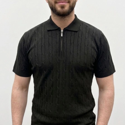 Erkek Yazlık Triko Saç Örgü Tişört Kısa Kol Polo Yaka Fermuarlı T-Shirt - Siyah