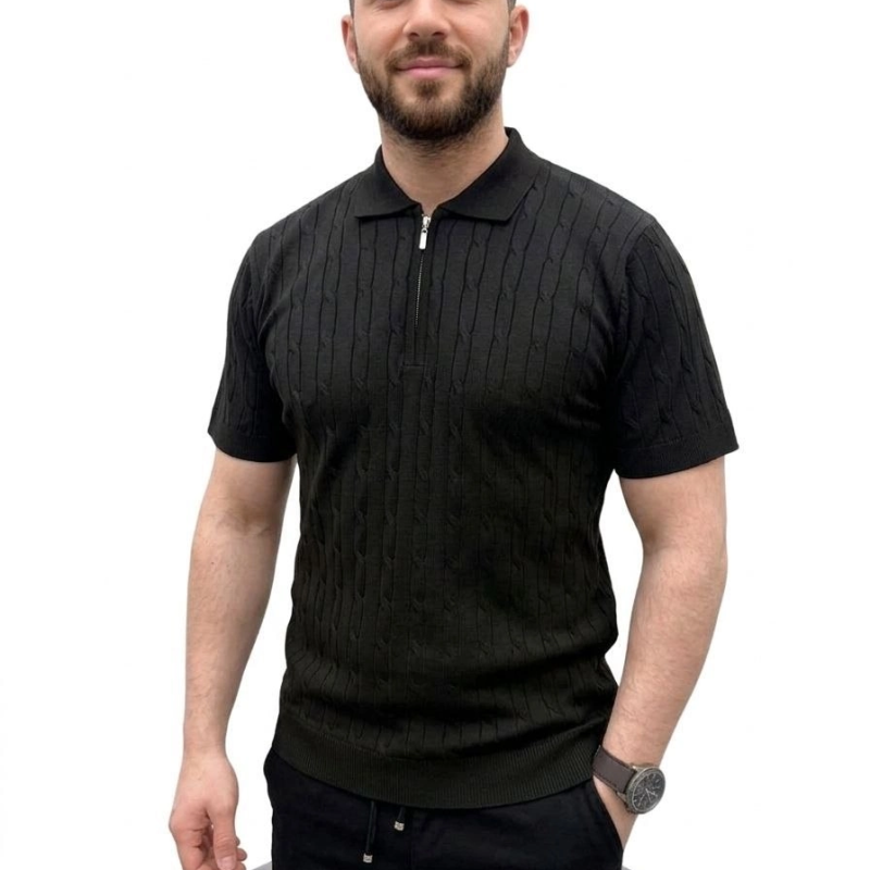 Erkek Yazlık Triko Saç Örgü Tişört Kısa Kol Polo Yaka Fermuarlı T-Shirt - Siyah