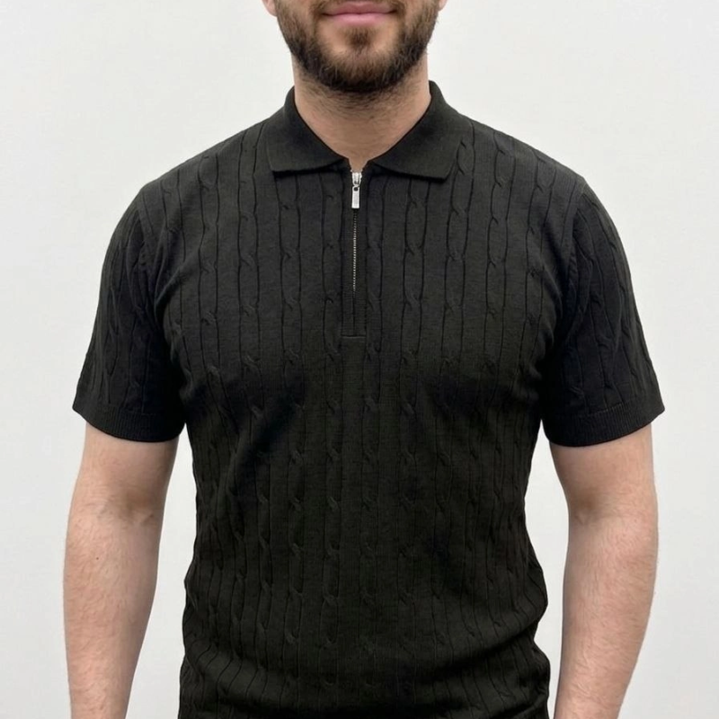 Erkek Yazlık Triko Saç Örgü Tişört Kısa Kol Polo Yaka Fermuarlı T-Shirt - Siyah