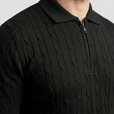 Erkek Yazlık Triko Saç Örgü Tişört Kısa Kol Polo Yaka Fermuarlı T-Shirt - Siyah