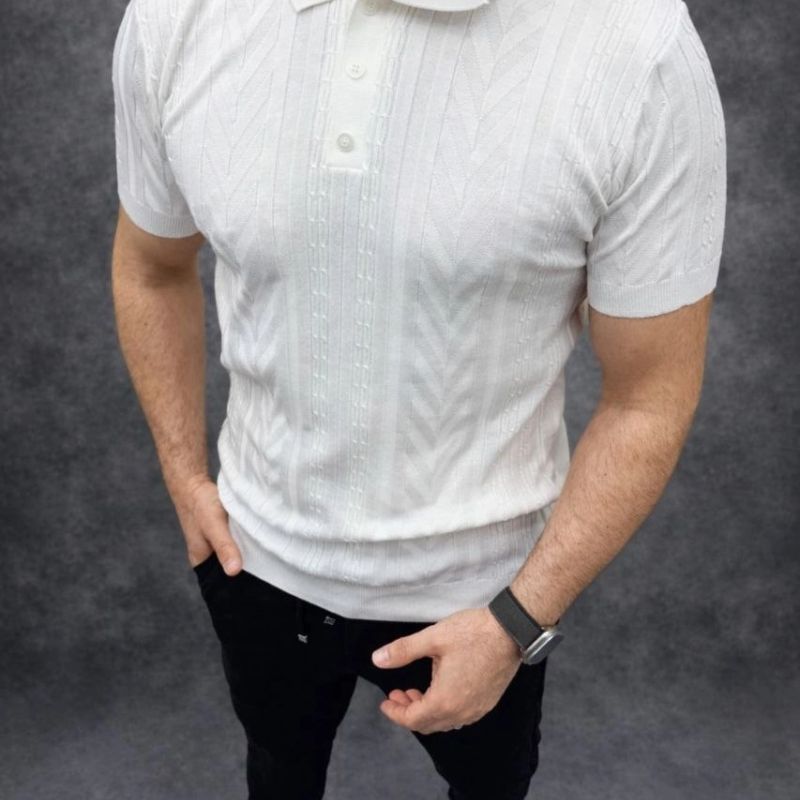 Erkek Yazlık Triko Tişört Kısa Kol Polo Yaka Düğmeli T-Shirt - Beyaz