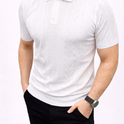 Erkek Yazlık Triko Tişört Kısa Kol Polo Yaka Düğmeli T-Shirt - Beyaz