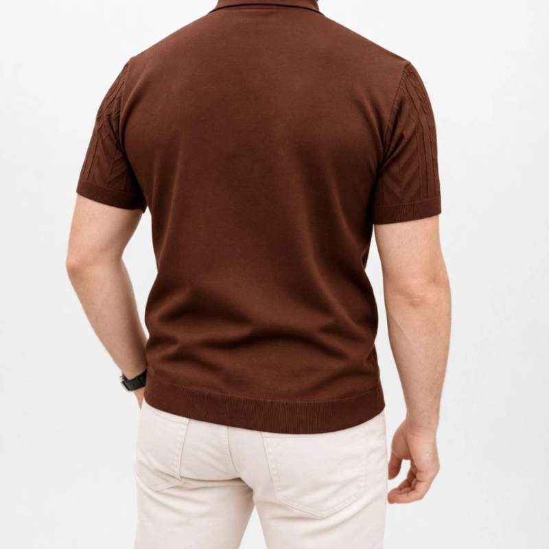 Erkek Yazlık Triko Tişört Kısa Kol Polo Yaka Düğmeli T-Shirt - Kahverengi