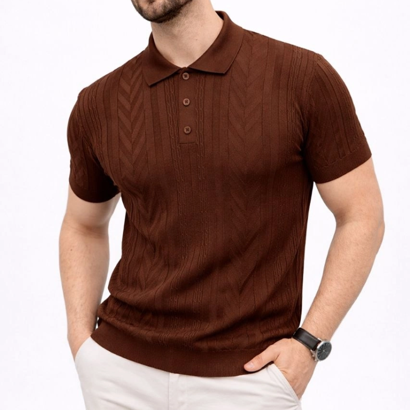 Erkek Yazlık Triko Tişört Kısa Kol Polo Yaka Düğmeli T-Shirt - Kahverengi