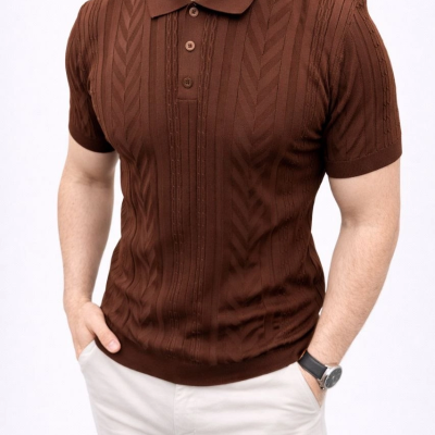 Erkek Yazlık Triko Tişört Kısa Kol Polo Yaka Düğmeli T-Shirt - Kahverengi