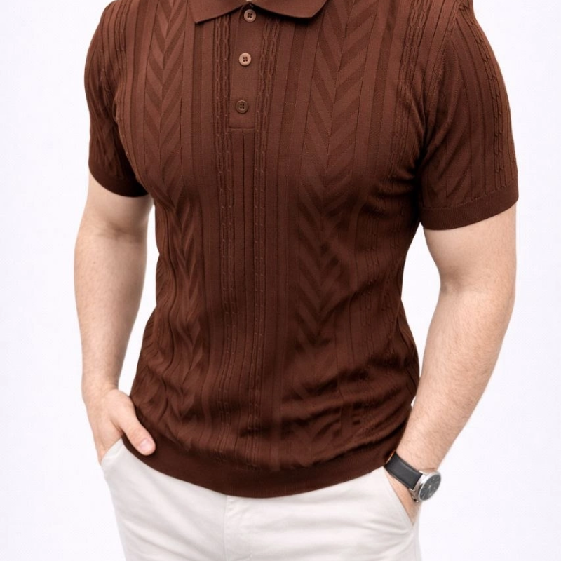 Erkek Yazlık Triko Tişört Kısa Kol Polo Yaka Düğmeli T-Shirt - Kahverengi