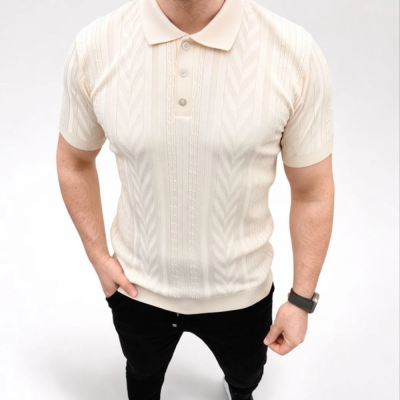 Erkek Yazlık Triko Tişört Kısa Kol Polo Yaka Düğmeli T-Shirt - Krem