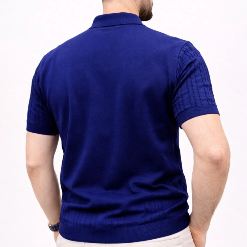 Erkek Yazlık Triko Tişört Kısa Kol Polo Yaka Düğmeli T-Shirt - Lacivert