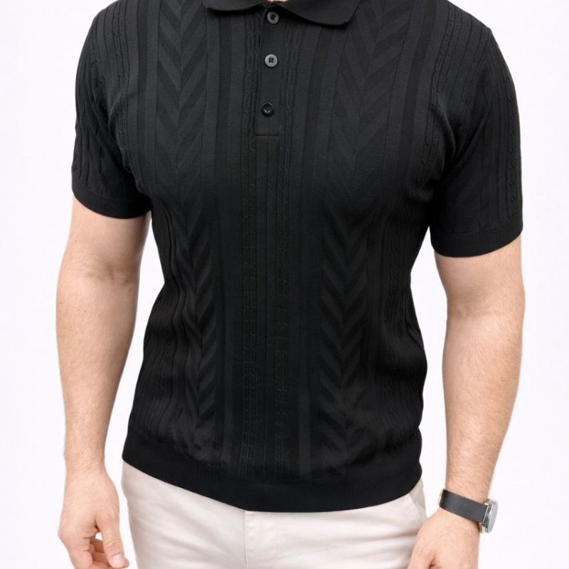 Erkek Yazlık Triko Tişört Kısa Kol Polo Yaka Düğmeli T-Shirt - Siyah