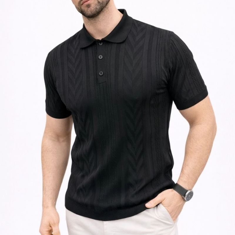 Erkek Yazlık Triko Tişört Kısa Kol Polo Yaka Düğmeli T-Shirt - Siyah