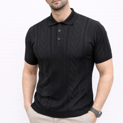 Erkek Yazlık Triko Tişört Kısa Kol Polo Yaka Düğmeli T-Shirt - Siyah