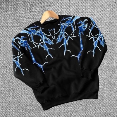 Erkek Yıldırım Baslılı Bisiklet Yaka 3 iplik pamuklu Sweatshirt - Siyah