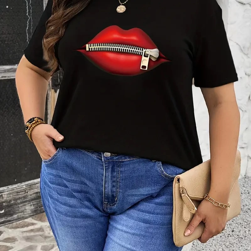 fermuar dudak baskılı tişört bisiklet yaka kısa kollu tişört - Siyah -