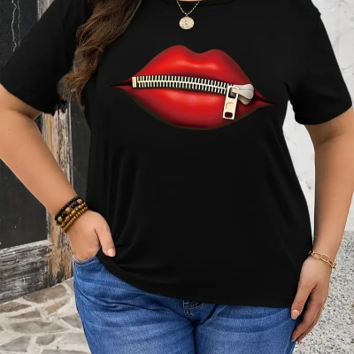 fermuar dudak baskılı tişört bisiklet yaka kısa kollu tişört - Siyah -