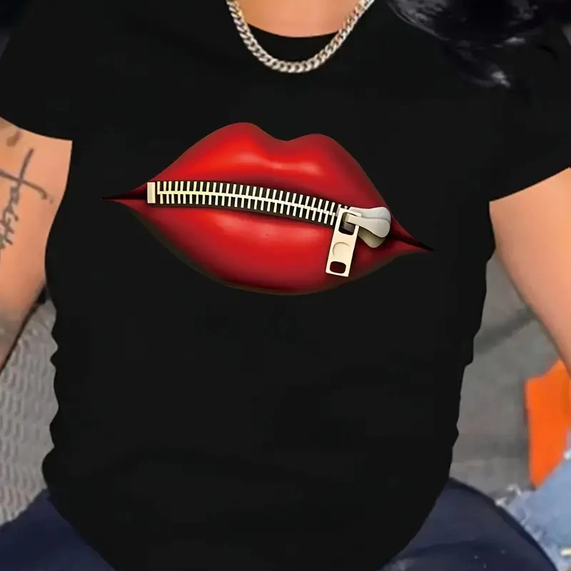 fermuar dudak baskılı tişört bisiklet yaka kısa kollu tişört - Siyah -