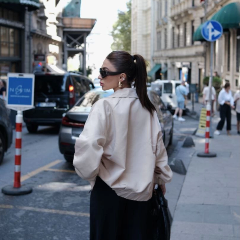 Fermuarlı Gömlek Yaka Bomber Ceket - Beyaz -