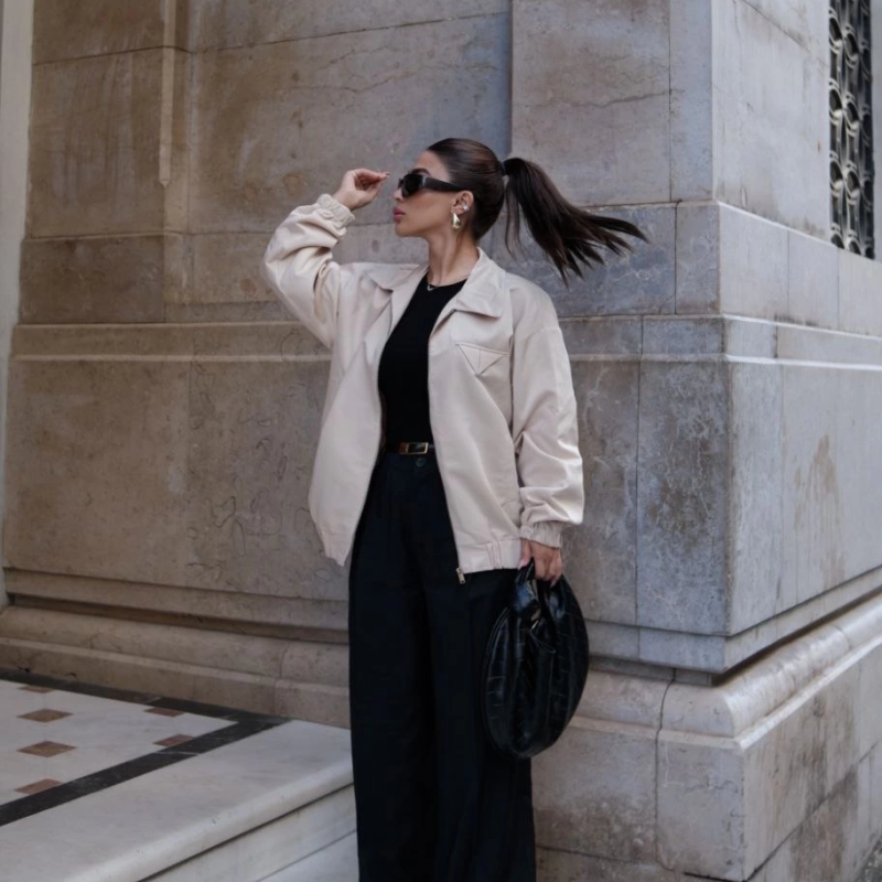 Fermuarlı Gömlek Yaka Bomber Ceket - Beyaz -