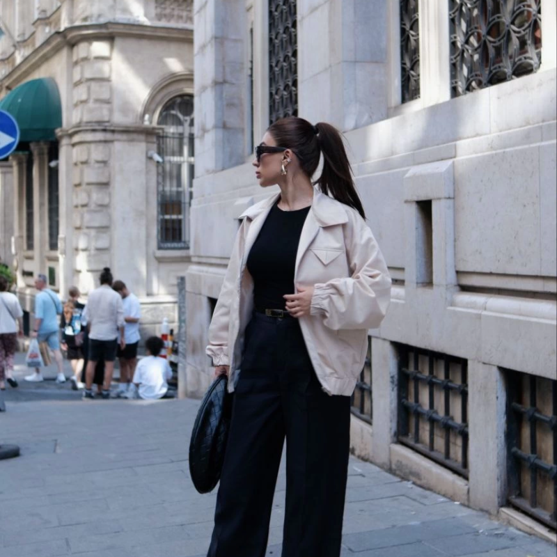 Fermuarlı Gömlek Yaka Bomber Ceket - Beyaz -