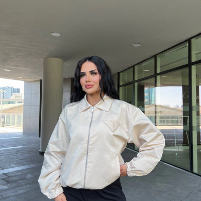 Fermuarlı Gömlek Yaka Bomber Ceket - Beyaz -