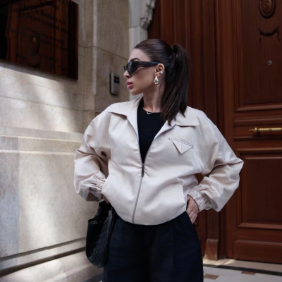 Fermuarlı Gömlek Yaka Bomber Ceket - Beyaz -