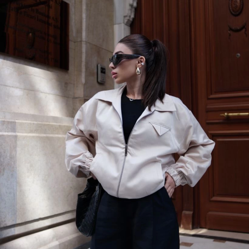 Fermuarlı Gömlek Yaka Bomber Ceket - Beyaz -