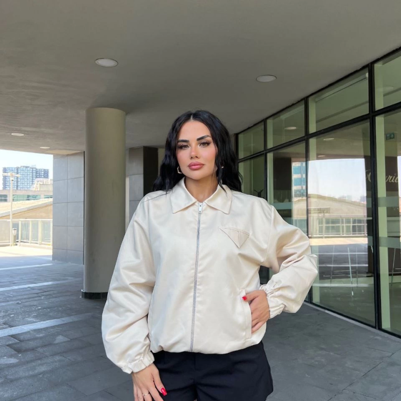 Fermuarlı Gömlek Yaka Bomber Ceket - Beyaz -